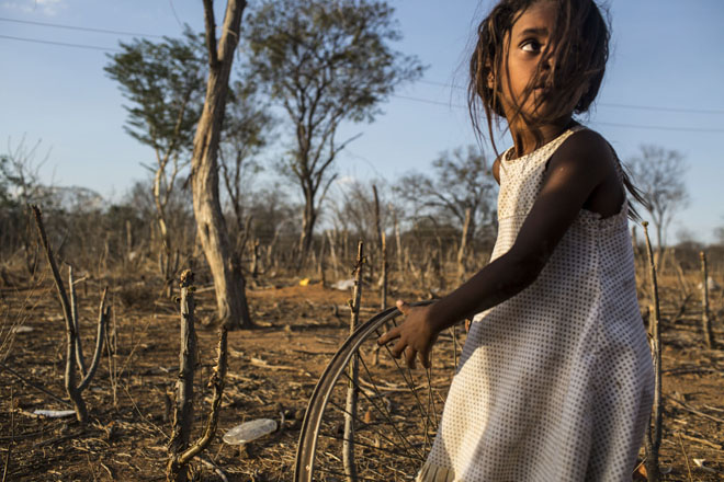 A little girl plays with a bicycle wheel rim, running past dry caatinga, the native woodsy and thorny vegetation that characterizes the Sertão. Historically the region has the single largest concentration of rural poverty in Latin America, with nearly 35% percent of families living in extreme poverty, according to the International Fund for Agricultural Development.